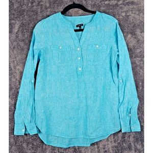 Talbots Linen Shirt Roll Tab Sleeve 1/2 Button Up Pockets‎ Aqua Blue XS